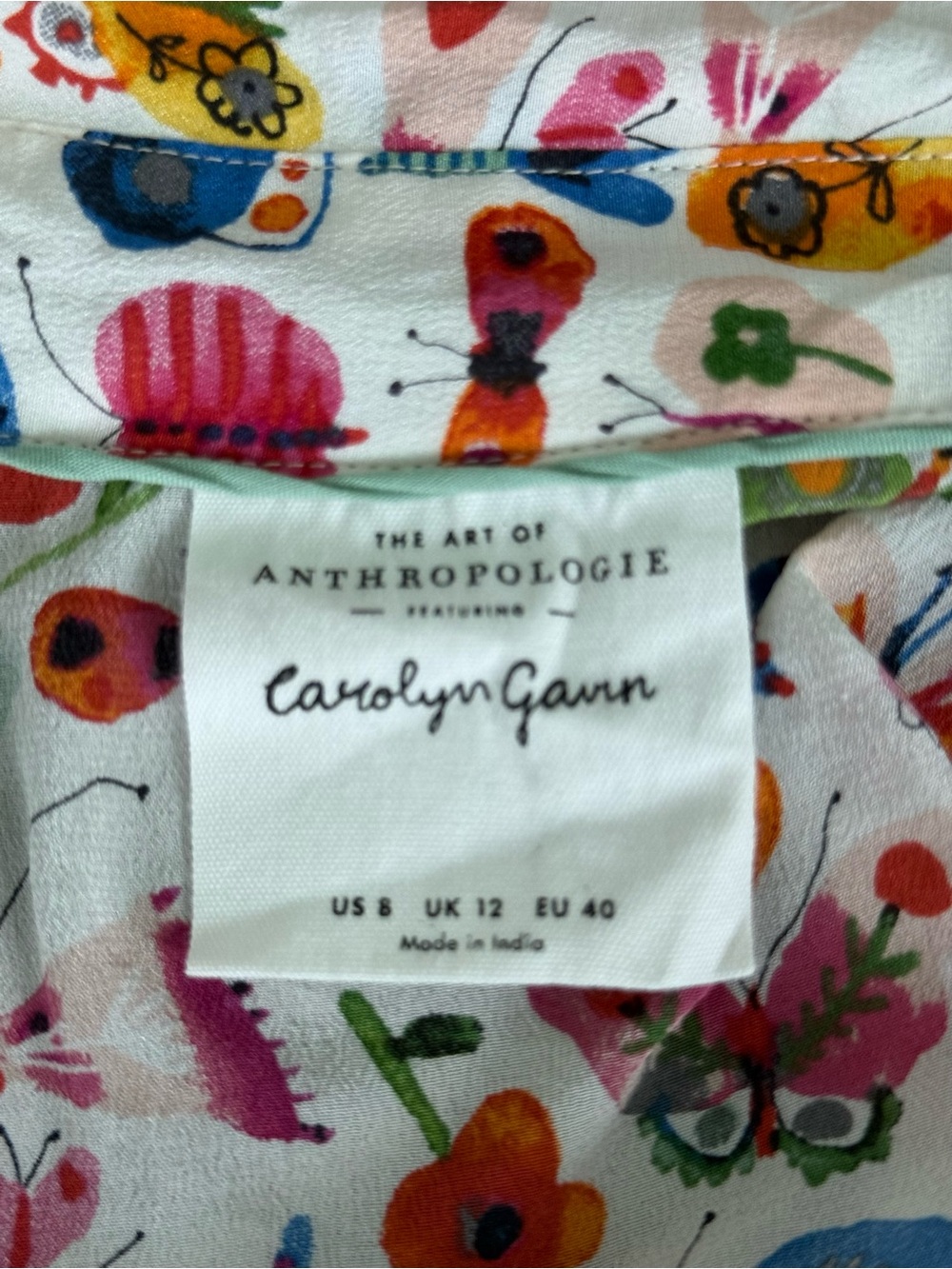 Anthropologie Silk Button-Down Shirt with Multicolor Butterfly and Floral Print - Picture 3 of 6